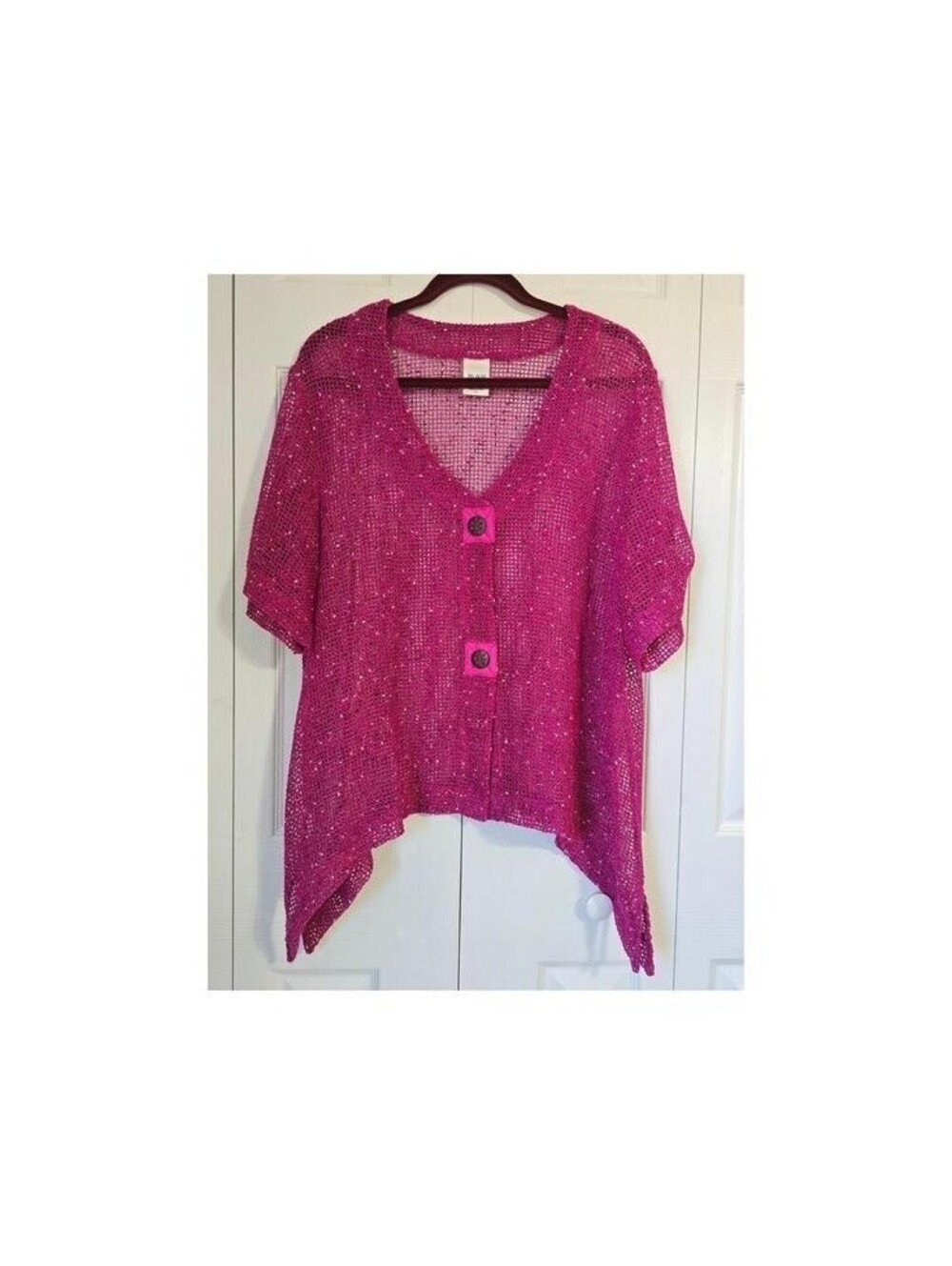 Blair Magenta Pink Open Knit Short Sleeve Cardigan Sweater XL Sharkbite Hem
